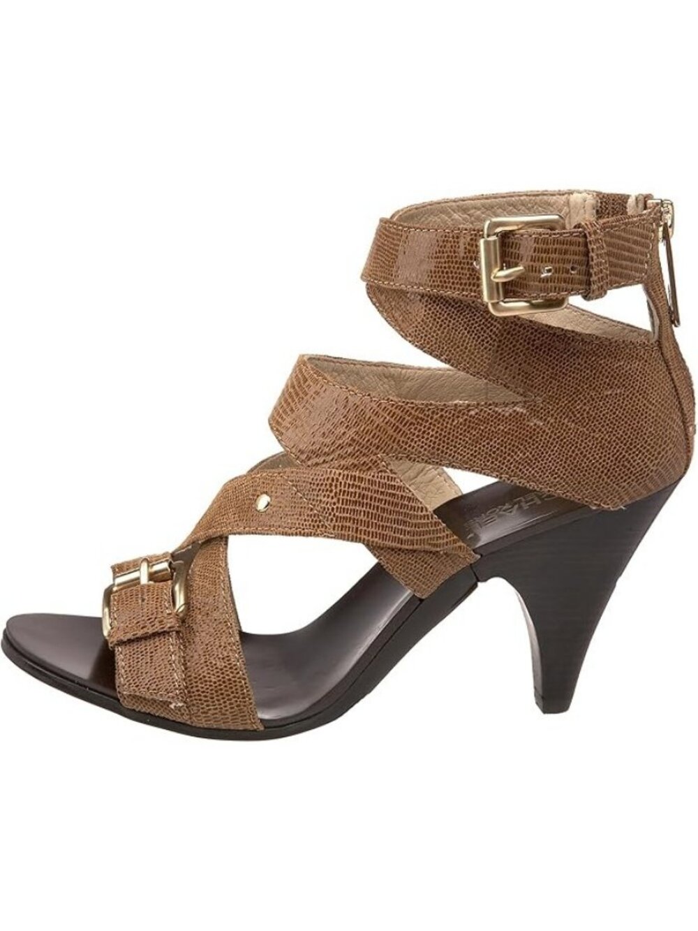 Michael Kors Tatum Cross Strap Reptile Embossed Shimmering Leather Cone Heels